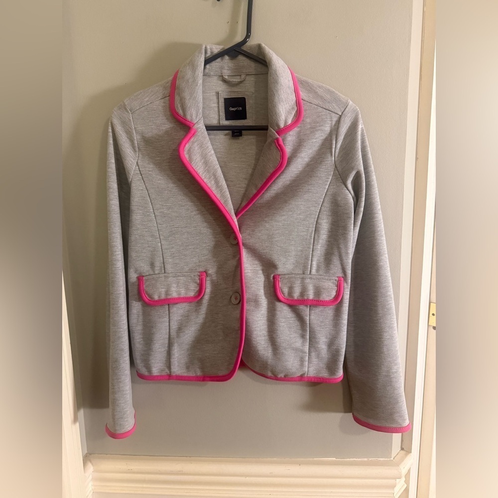 Gap Kids Gray Knit Blazer Jacket Girls XXL (14–16) Pink Trim School Casual
